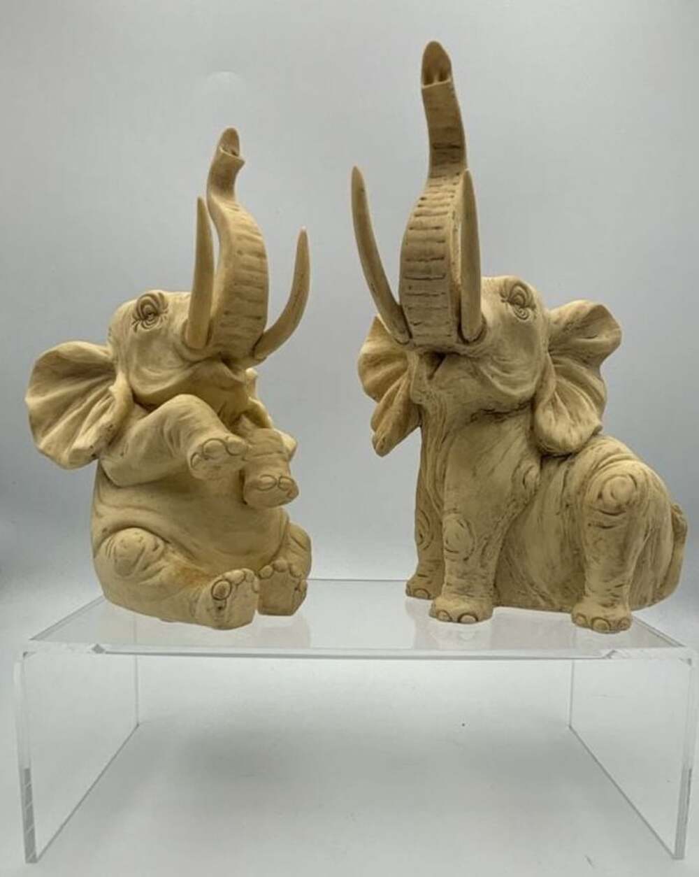 Vintage Hand-Carved Alabaster Resin Elephant Figurines Pair